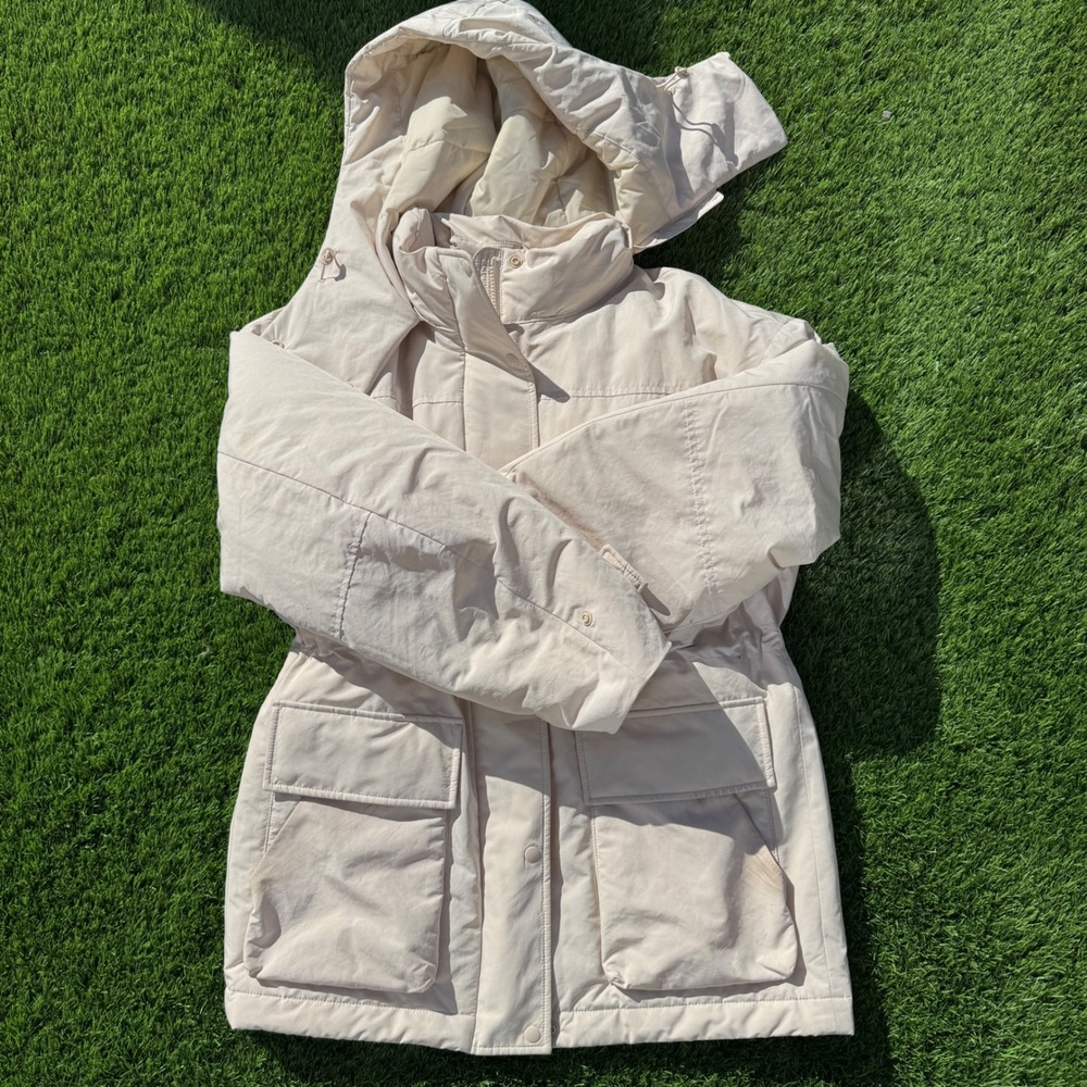 UNIQLO Womens M Seamless Down Short Coat Cream 750 Fill Hooded Puffer
